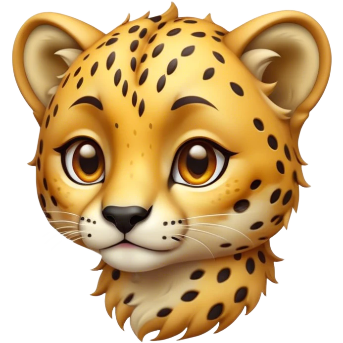 Cinematic Cute Cheetah Portrait Emoji, Head tilted playfully and inquisitively, featuring a glossy, golden spotted Fur with a natural sheen, round, sparkling amber eyes filled with curious mischief, Simplified yet irresistibly adorable features, highly detailed, glowing with a warm, friendly glow, high shine, affectionate and agile, stylized with a touch of savannah whimsy, bright and endearing, soft glowing outline, capturing the essence of a mischievous yet loving cheetah, so playful it feels like it could dash out of the screen and into your arms! emoji