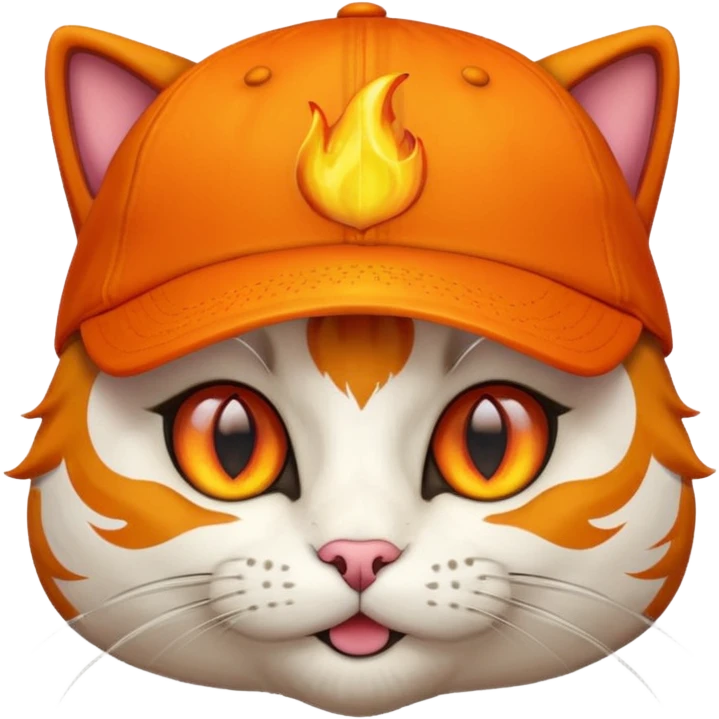 Cat with the flames in his eyes with a orange baseball hat on his head emoji