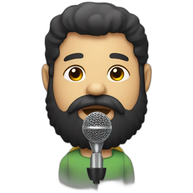 A pudgy man with a black beard and thick hair and a microphone emoji
