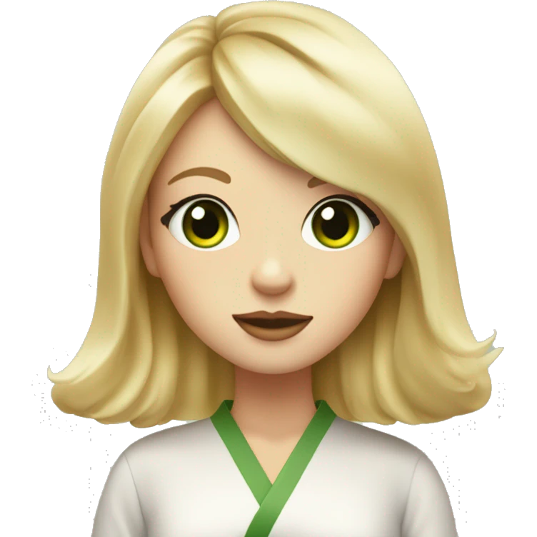A blonde girl with slightly wavy air-touch hair and curtain bangs and green eyes eats sushi emoji
