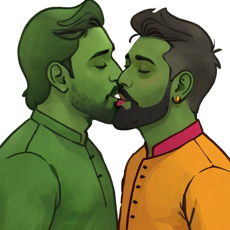 A white guy kissing an Indian guy with beard emoji