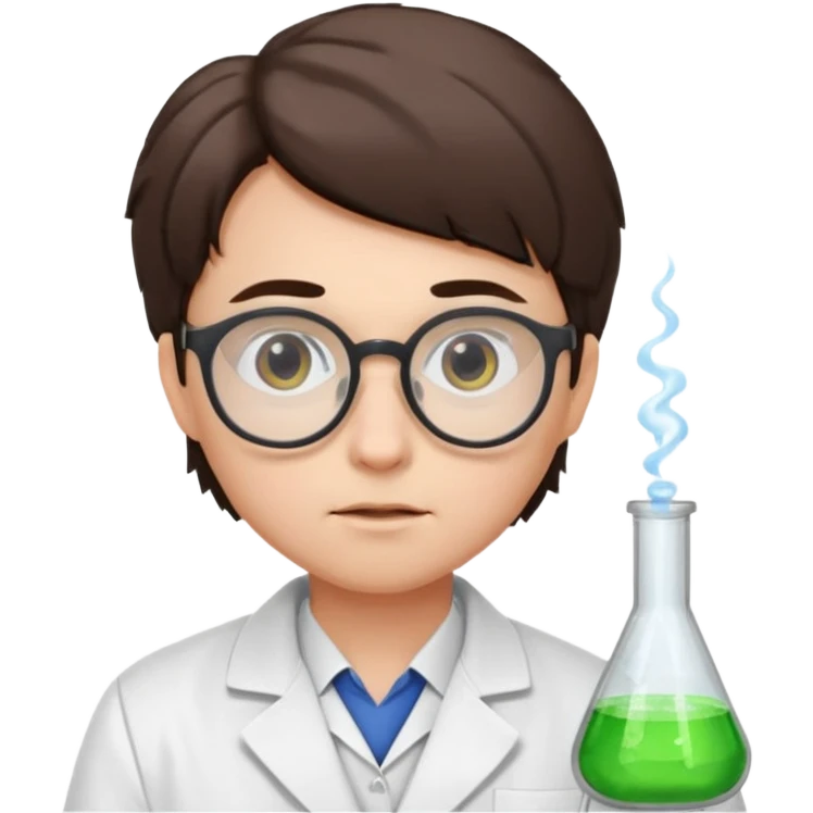 Portrait of a young scientist wearing a white lab coat, glasses, curious expression emoji