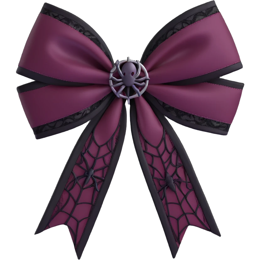 3D emoji gothic bow, deep burgundy satin, black lace overlay, and a silver spiderweb charm emoji