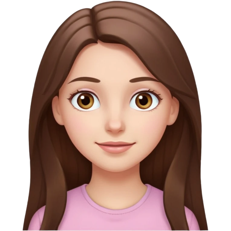 happy white long brunette hair girl with hazel eyes in light pink with a thought level emoji