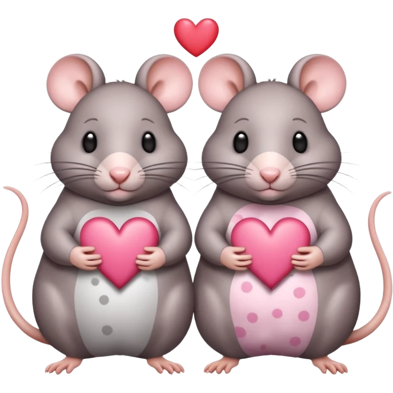 two fat little rats holding hearts one grey with white spots the other rat warm brown without spots emoji