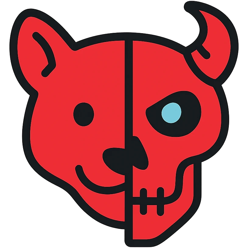 a fully red icon showing the left half of a stoat face seamlessly blending into the right half of a minotaur skull with broken horn and glowing eye, with no dividing line between them, the two halves flow together smoothly, detailed line art but minimalist design, entirely red emoji