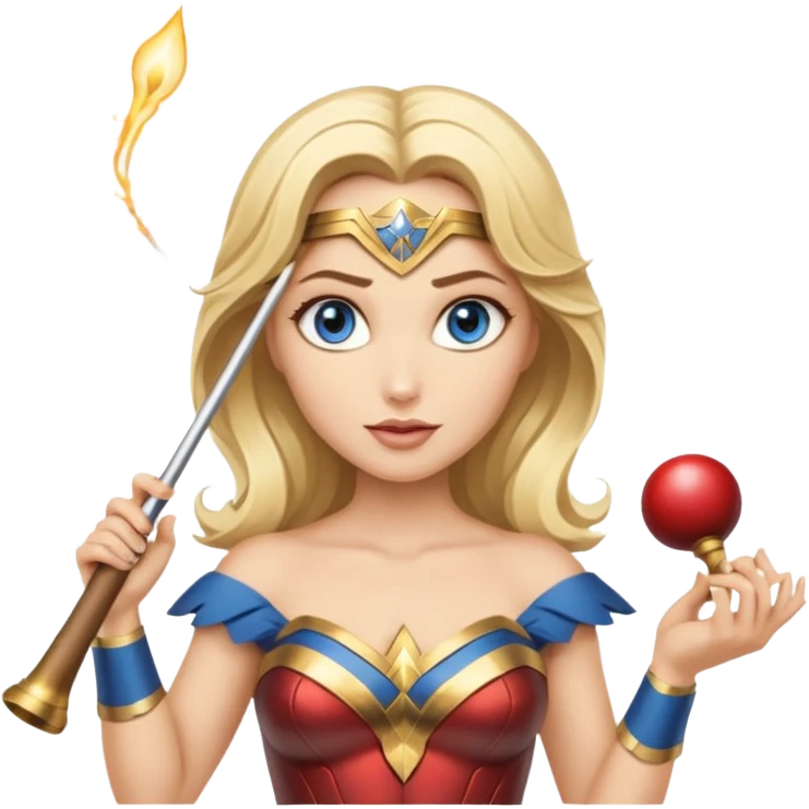 Blonde blue eyed Wonder Woman holding white orchestra conductor’s baton and bell  emoji