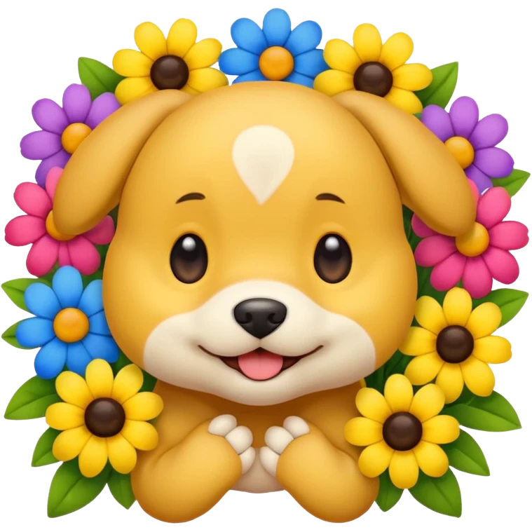 Cute smile face emoji with puppy dog eyes holding its cheeks and a bunch of flowers around it emoji