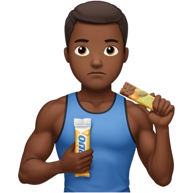 A male athlete holding a protein bar and frowning deeply emoji