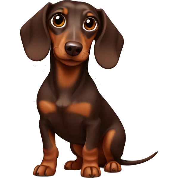 A chocolate-colored dachshund with light brown markings and long ears is cheerful emoji