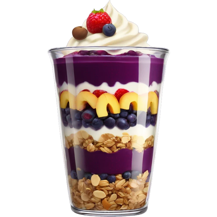 Açaí in a clear cup with layers of fruits and granola and condensed milk emoji