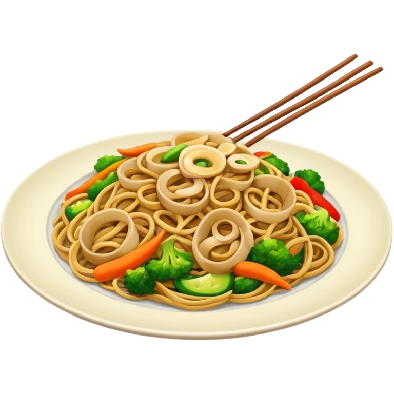 Illustrate stir-fried noodles with vegetables & soy sauce on a plate emoji