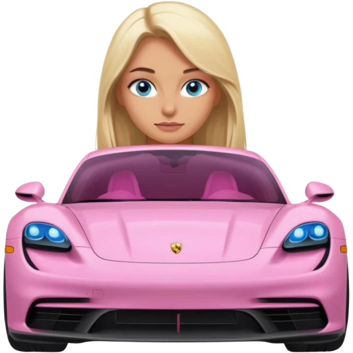 pink Porsche taycan with blonde girl, long hair, blue eyes, front view point of view, no sunglasses, sexy emoji