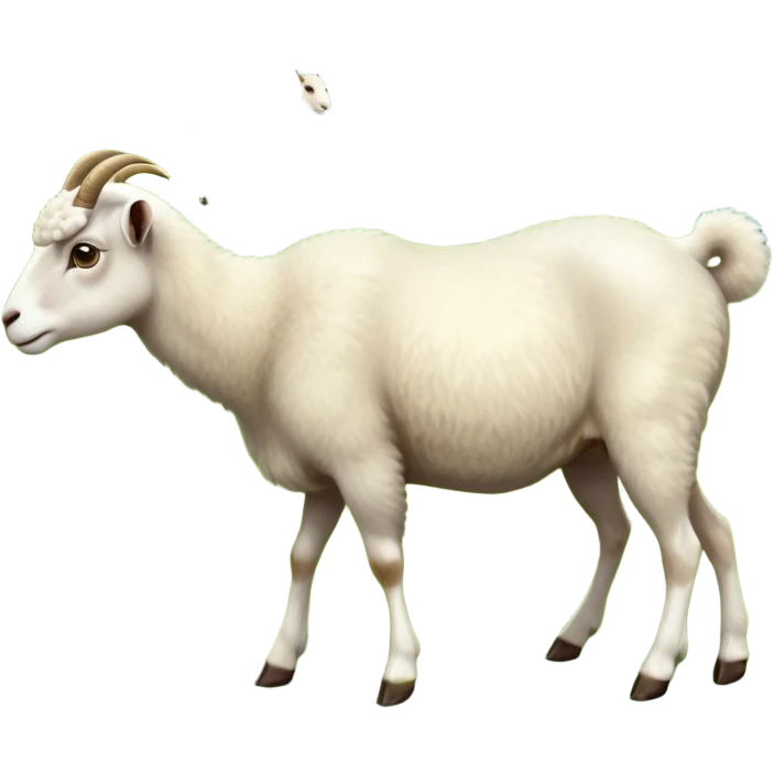 collage of domestic hooved animals: A calm goat with soft fur, a fluffy sheep with large eyes, and a noble horse with a shiny coat. Soft green meadow and distant hills in the background. Transparent background. emoji