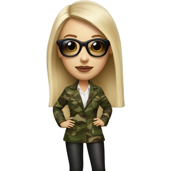 Realistic White woman with Long straight blonde hair and round sunglasses, camouflage Wool oversize blazer, mini skirt and Brown heeled leather boots  emoji