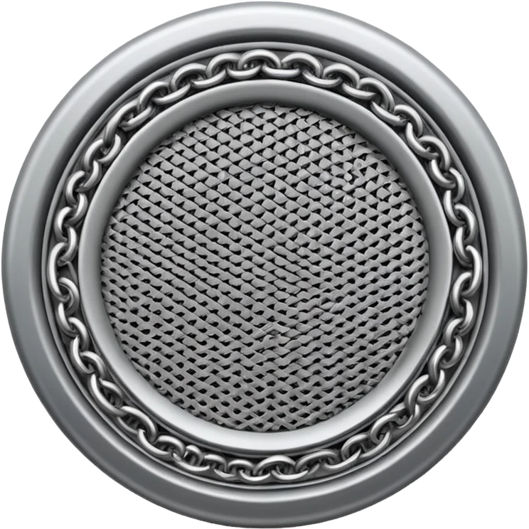 3D render of Speaker Grille, made of interlocking chainmail metal rings, wire mesh texture, visible holes and negative space, metallic silver and grey, high contrast shadows, emoji style, isolated on white background --v 6.0. emoji