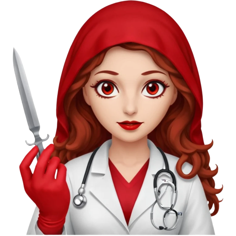 Lilith scalpel in hand, evil surgeon sexy surgeon clothes.  She has red eyes. She brown long curly hair. Wears sexy doctor outfit with red gloves. Wears red burka to hide her identity emoji