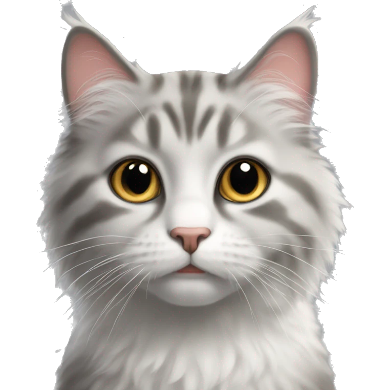 Fluffy cat with grey nose and white spot on the chin emoji