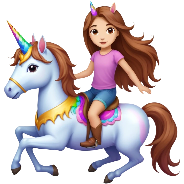 young light-skinned girl with long brown hair on a colorful unicorn emoji