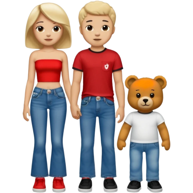 A boy and a girl teddy bear for the boy bear put on true religion shirt and jeans with black shoes and for the girl put flare jeans and a red tube top and white shoes emoji