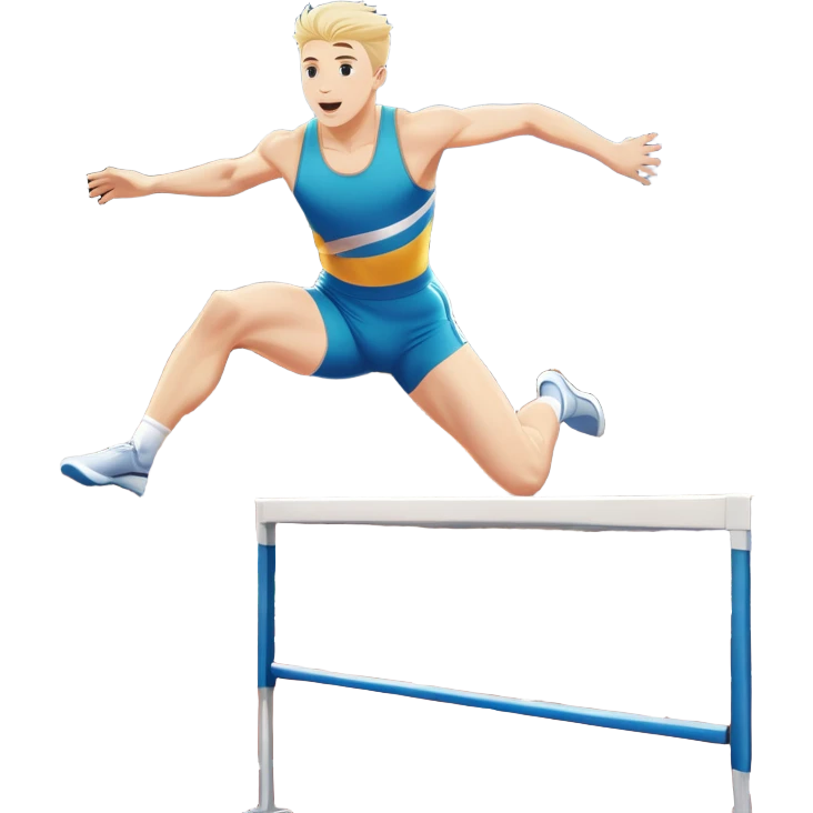 An icon of an white-skined athlete soaring over a hurdle, mid-jump, with a powerful form. The background features a vibrant stadium, with the track and hurdles in sharp focus, and a cheering crowd along the stands. The motion of the jump emphasizes speed and agility. Transparent background. emoji