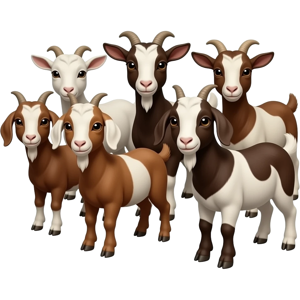 Hazme 7 cabritas, que cada una tenga color marrón y blanco. Son pequeñas y estan juntas. Siete cabritas emoji