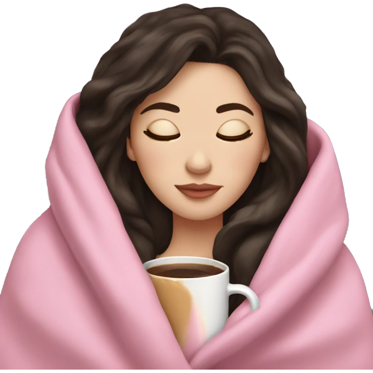 white girl dark hair inside a pink blanket sipping coffee eyes closed emoji
