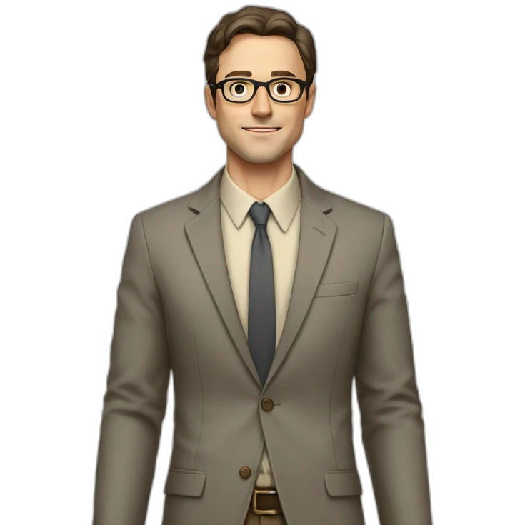 Full height Actively gesturing with hands Pale skinned fit man with dark brown hair in gray jacket, beige office shirt, brown tie, brown pants and vintage glasses. emoji