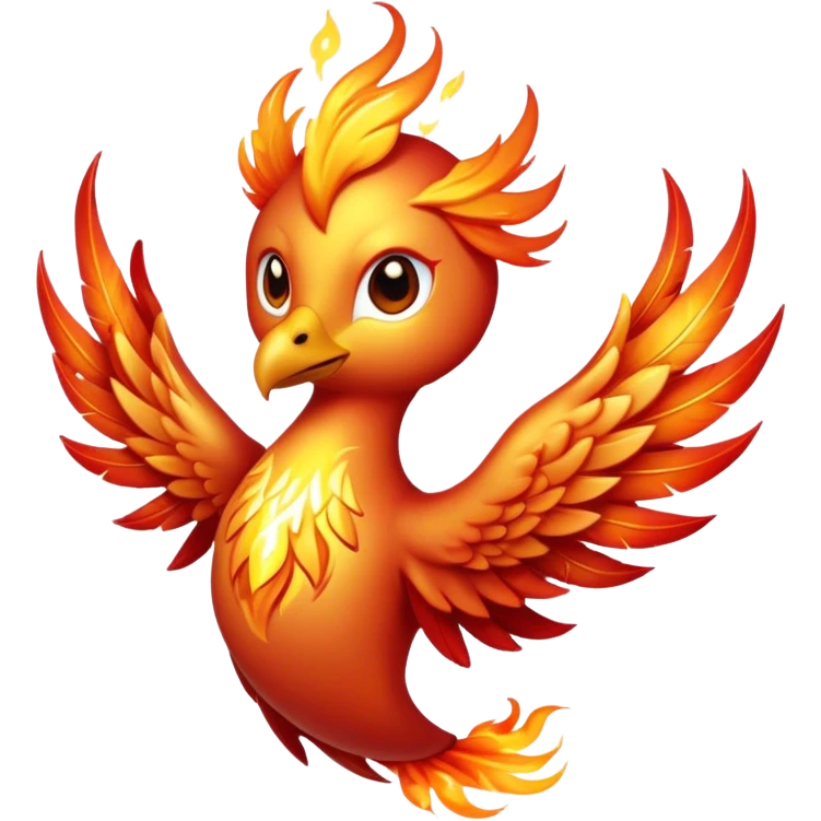 Cinematic Cute Mystical Fire Phoenix Portrait Emoji, Head tilted playfully and inquisitively, showcasing a vibrant, flame-kissed form with intricately detailed feathers in warm shades of red, orange, and shimmering gold, accented by delicate sparks and a gentle, inviting glow; rendered with lifelike detail and soft, radiant light, high shine, enchanting and spirited, styled with a touch of mythic whimsy, soft glowing outline, capturing the essence of a mischievous yet endearing phoenix poised to flutter playfully into your heart! emoji