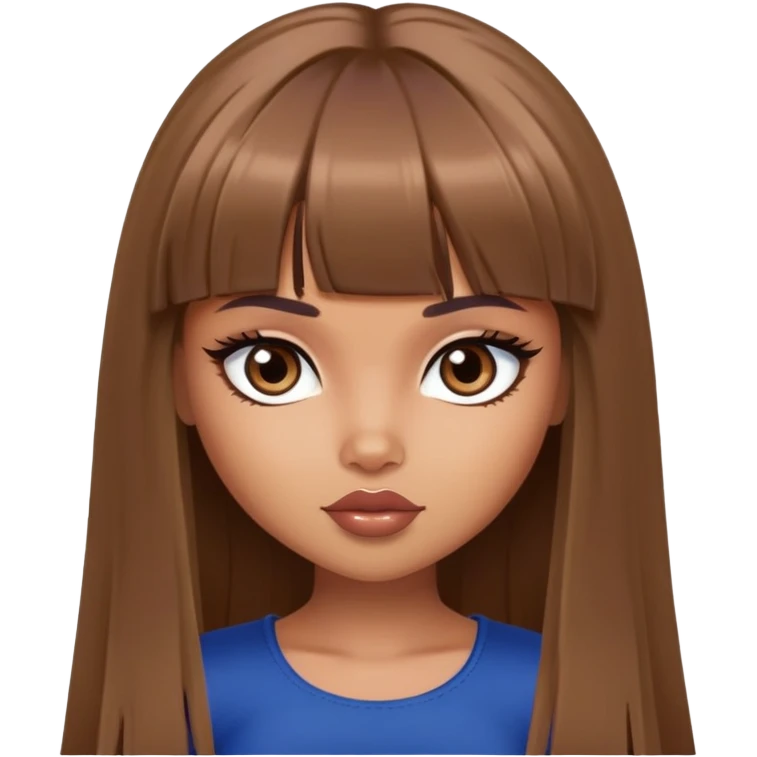 pretty bratz baddie, tan skin, bangs long straight brown hair, dark blueen eyes emoji