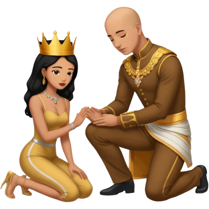 Bald headed brown skinned man kneeling down while a black haired  queen looks down  in approval  emoji