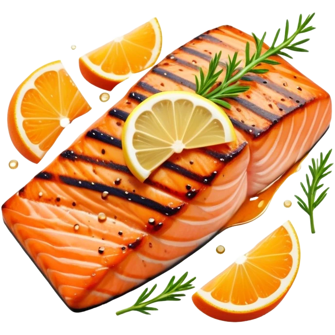 Cinematic perfectly grilled salmon, rich orange hues with crispy skin, garnished with fresh herbs, drizzled with lemon, ultra-detailed and delicious. emoji