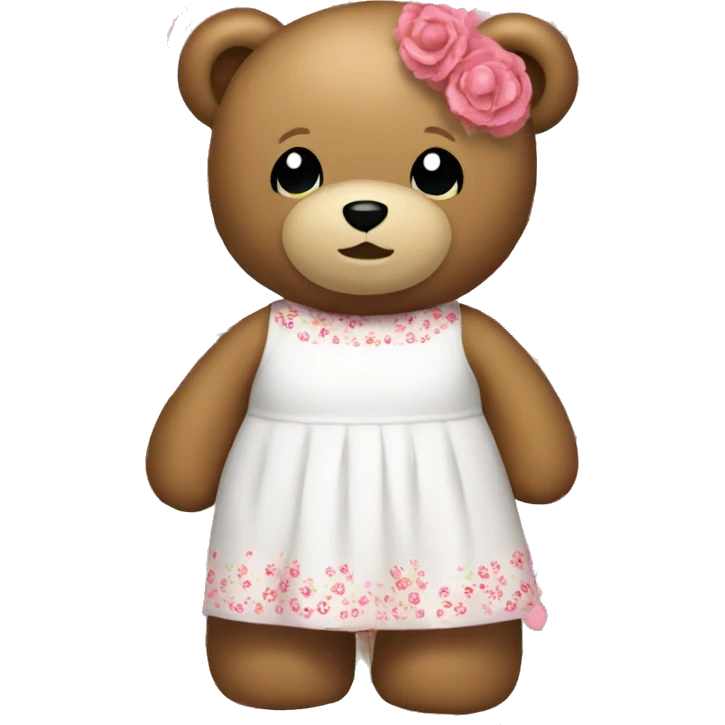 Teddy bear wearing a white dress with pink and red flowers on the dress as a pattern emoji