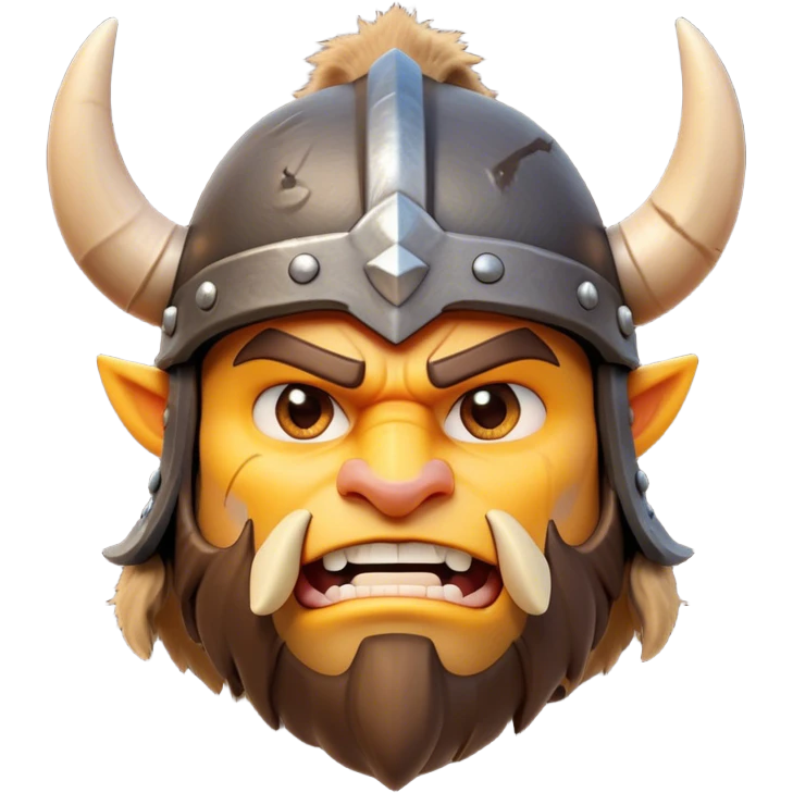 Clash of Clans style: Cinematic Fierce Barbarian Portrait Emoji, Poised and bold with a rugged, cartoonish build in tattered furs and a whimsical horned helmet, bright expressive eyes and a confident smirk, Simplified yet dynamic features, highly detailed, glowing with a vivid, adventurous aura, high shine, heroic and spirited, stylized with an air of medieval warrior charm, focused and energetic, soft glowing outline, capturing the essence of a fearless barbarian adventurer ready to lead his clan with spirited valor! emoji