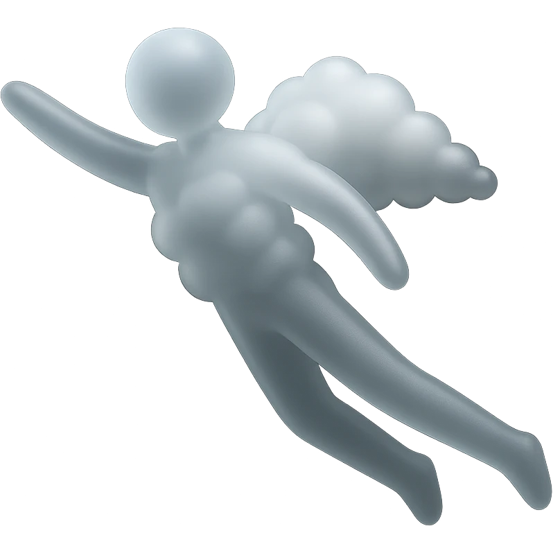 minimalist flying person with body made of white fluffy clouds, matte glass style, no background emoji