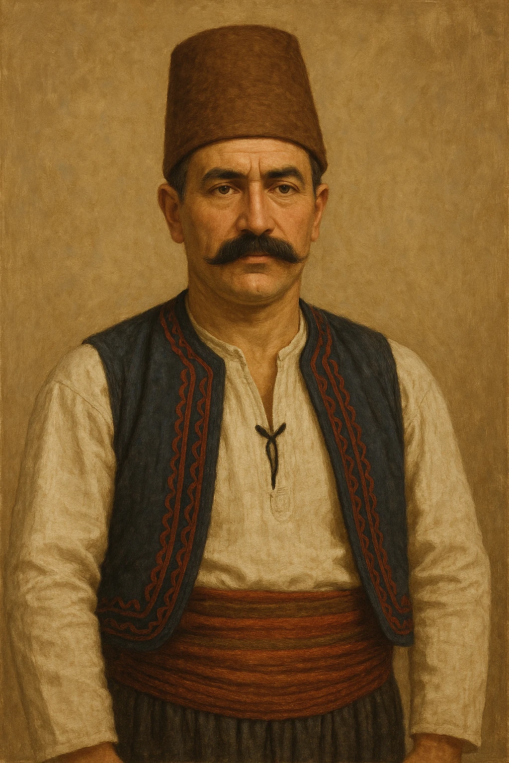 Konyalı adam, geleneksel kıyafetli adam, Konya şapkası, bıyıklı, Anadolu folklorik tarzı, sade arka plan emoji