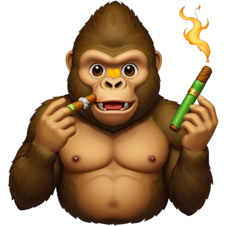 make a gorilla eating fried chicken in one hand and a cigar with green filling inside it in the other hand emoji