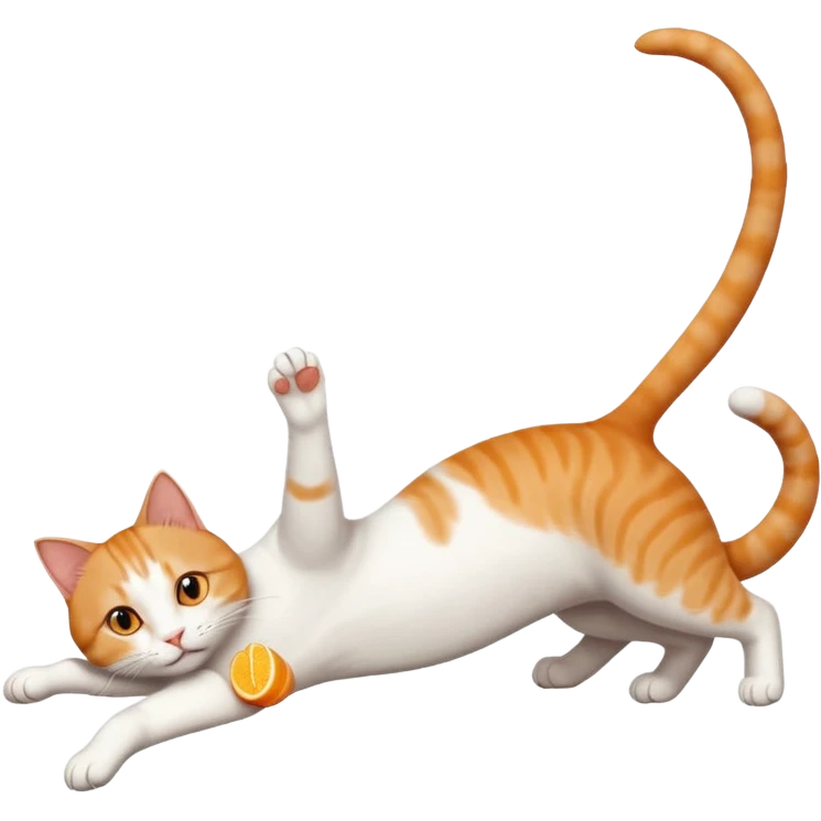ginger and white cat with orange eyes doing a big extremely long stretch reaching up into the air with arms and legs side by side together straight and overextended whilst lying on its side emoji