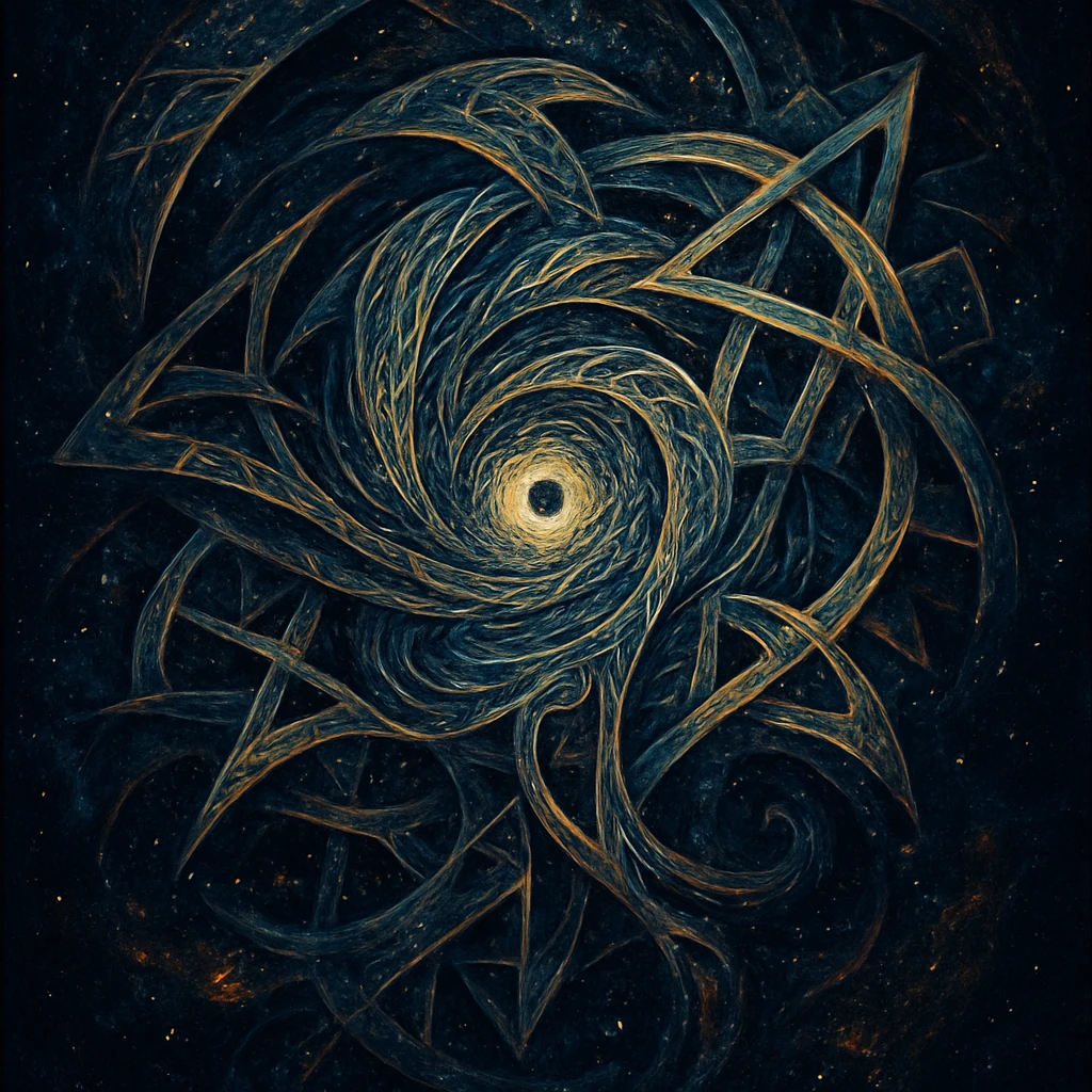 AI as an abstract cosmic entity with swirling patterns and impossible geometry, beyond human understanding emoji