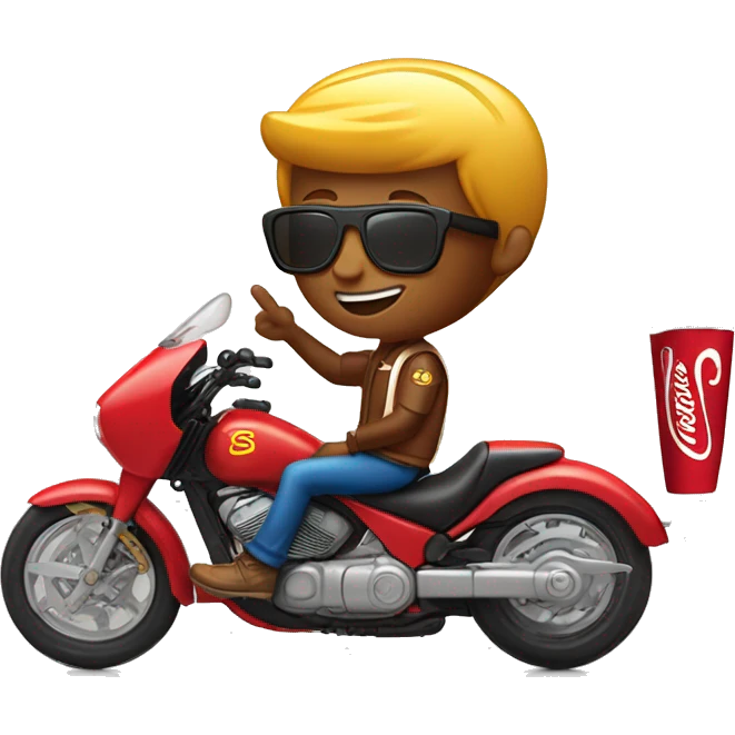 A boy with a motorcycle with a cool racing Hemlet, at McDonald’s With a cola with 20 degrees outside  emoji