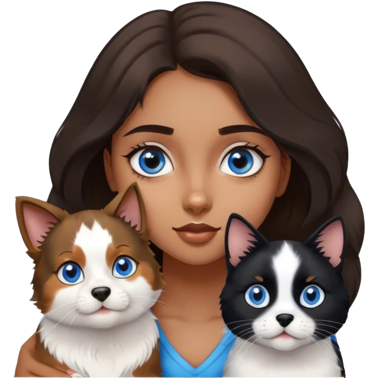 Young brown girl with blue eyes and dog Australian shepherd and a black and white cat emoji