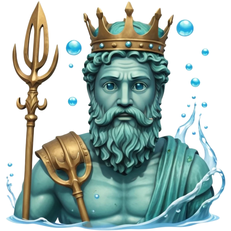 Bust of Poseidon underwater, Greek god with beard and crown, sea god statue with trident, bubbles around, blue water background emoji