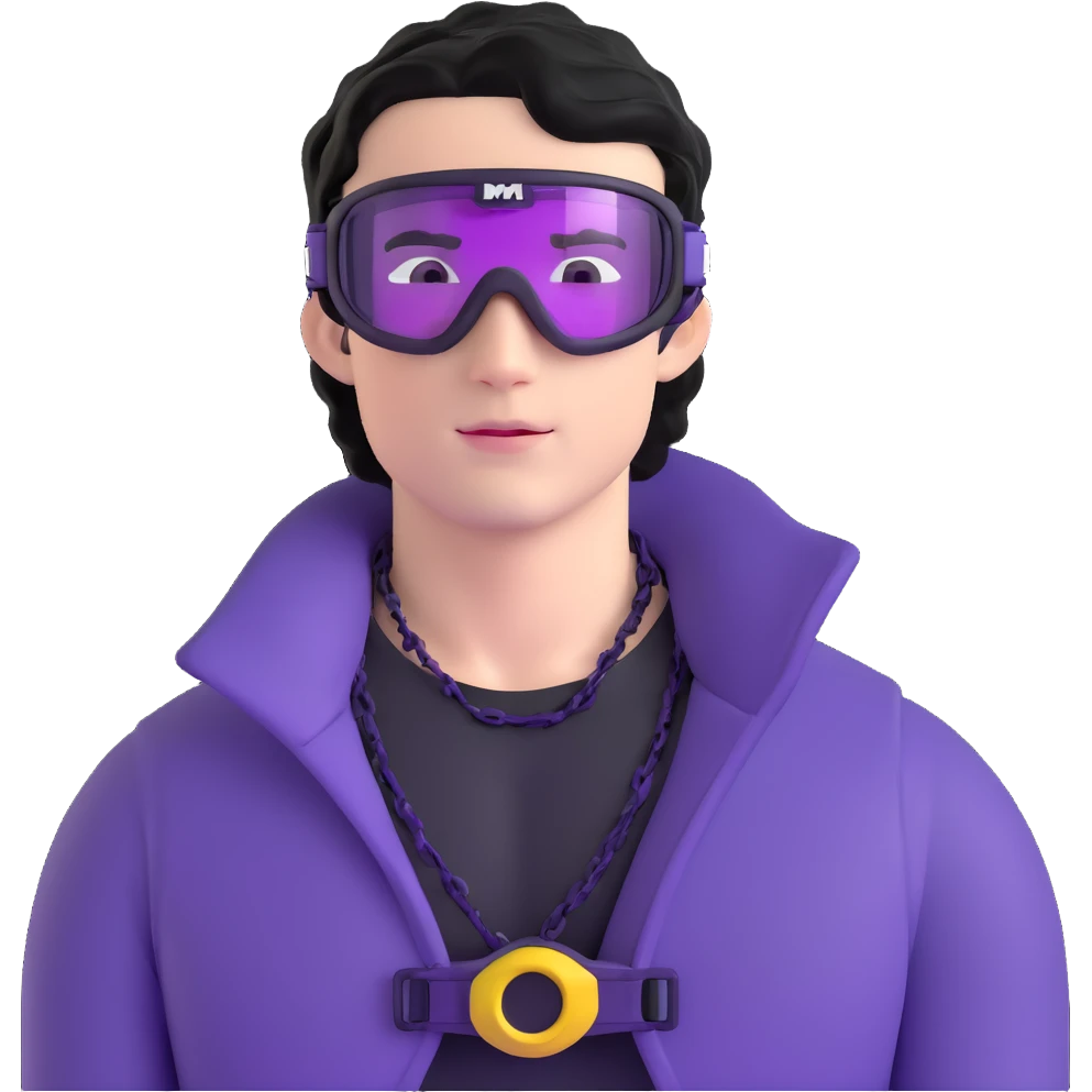 male athlete with white skin and moderately curly black hair on top with shaved sides, wearing ski goggles with purple frames and very dark black lenses, a simple plain black chain necklace, and an open shiny purple vest showing his chest and abs, no earrings emoji