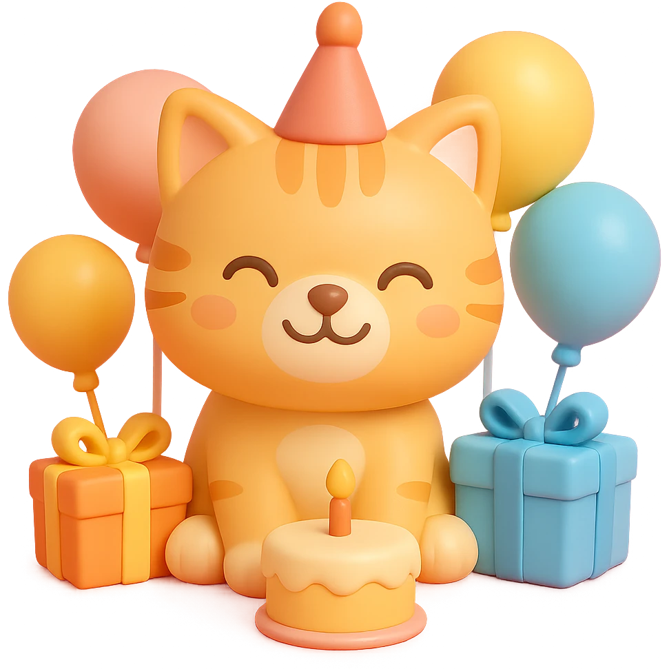 ginger tabby kitten with birthday hat, surrounded by balloons and presents, smiling, birthday cake nearby emoji