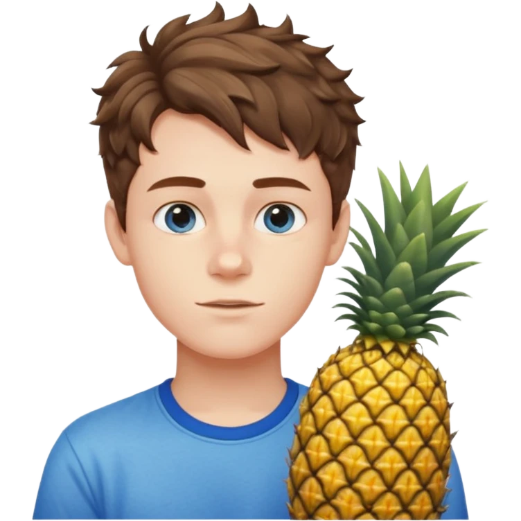 Pale teenage man with short wavy brown hair holding pineapple, prominent jawline, blue eyes emoji