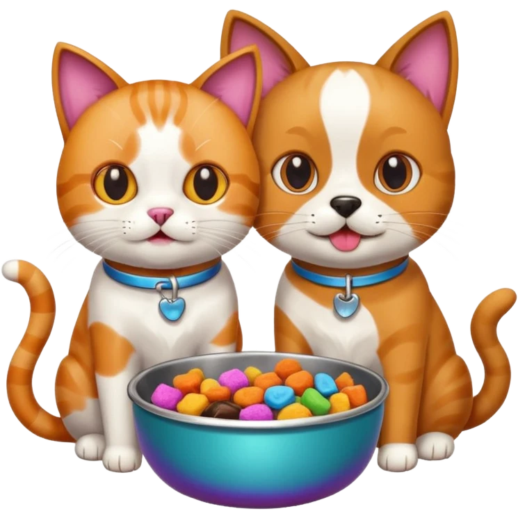 a cat and a dog eating treats from a bowl emoji