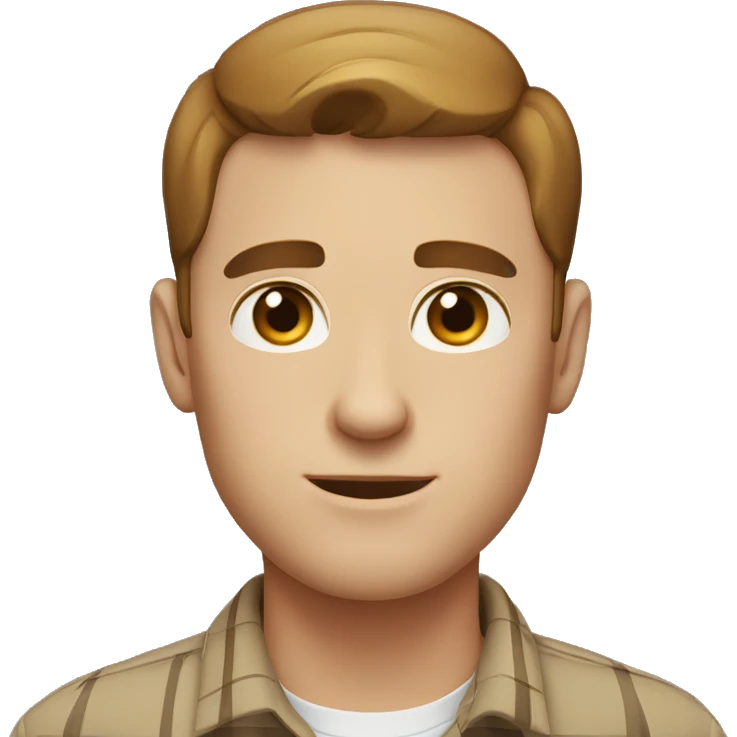 white man short brown hair parted in the middle, brown eyes, tattersall shirt emoji