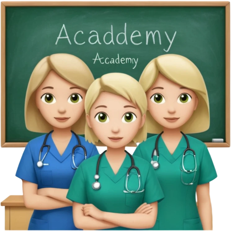 3 different nurses, wearing green and blue work clothes, in a classroom, "Academy" written in white on board emoji