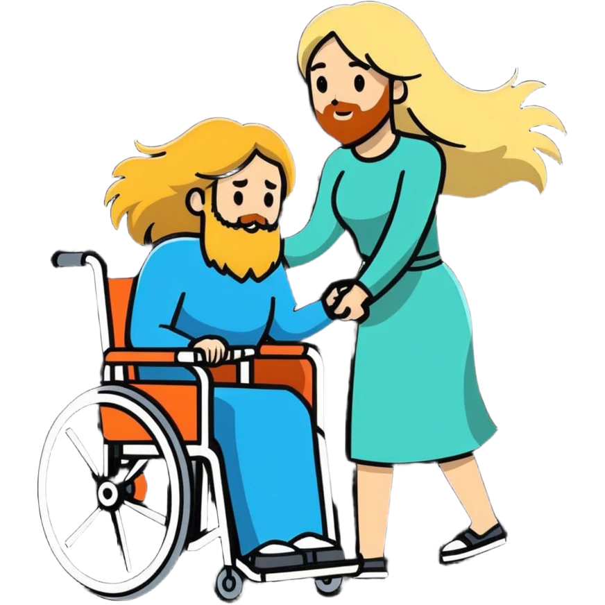 Wheelchair bearded son being pushed by long haired blonde women emoji