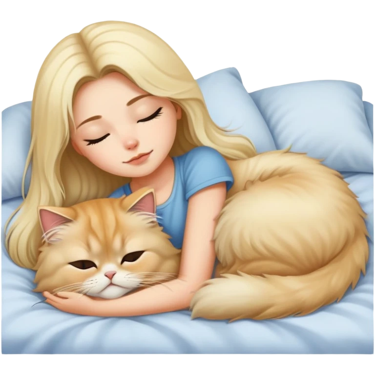 pretty girl with dark long hair sleeping with blonde fluffy  persian cat in bed emoji